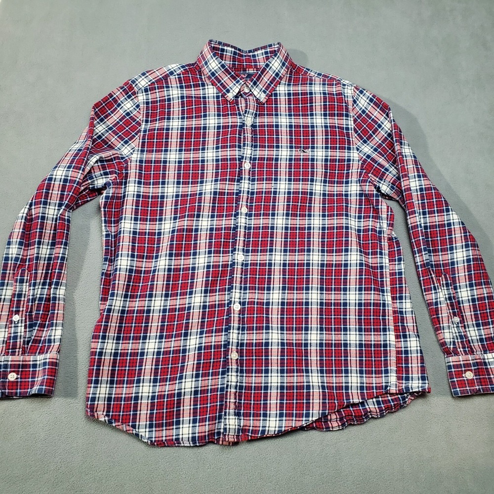 Vineyard Vines Shirt Mens Large Red Blue Plaid Slim Fit Whale Long Sleeve Casual